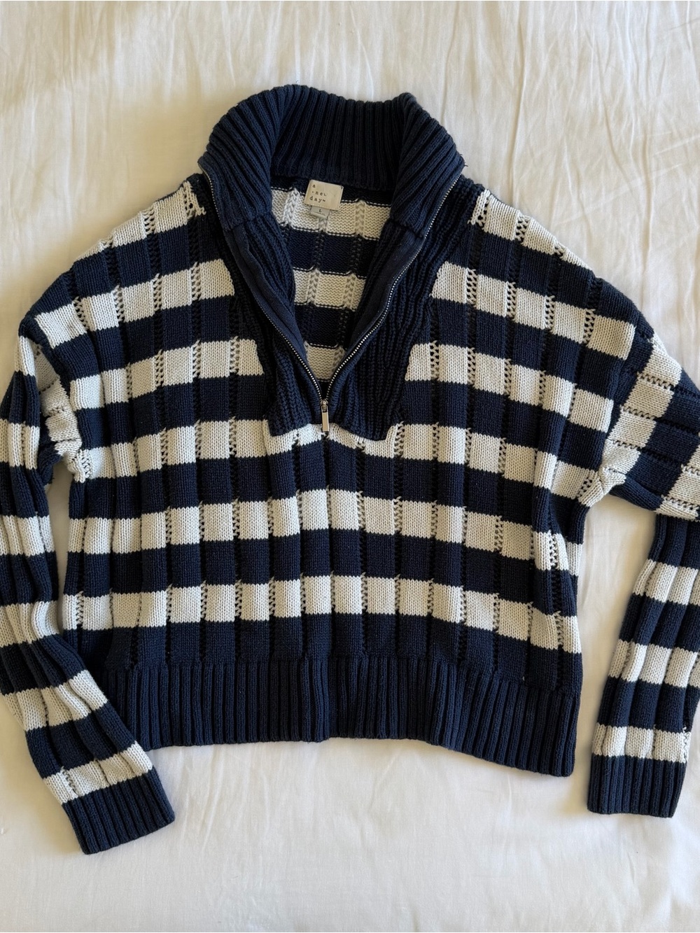 Cropped Knit Striped Navy&White Half-Zip